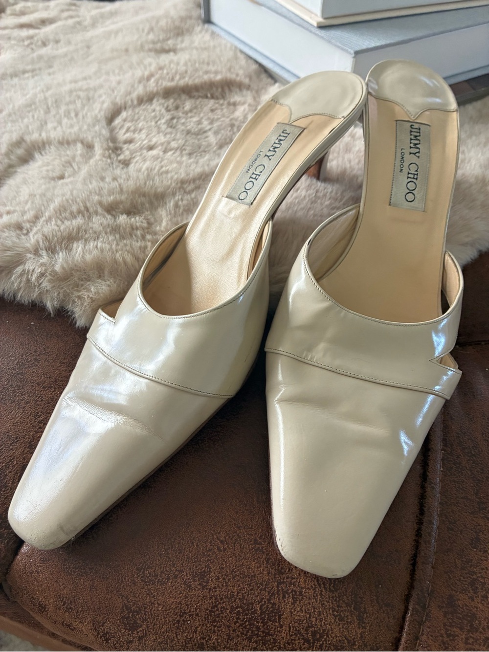 Jimmy Choo Cream Leather Pointed-Toe Slide Mules